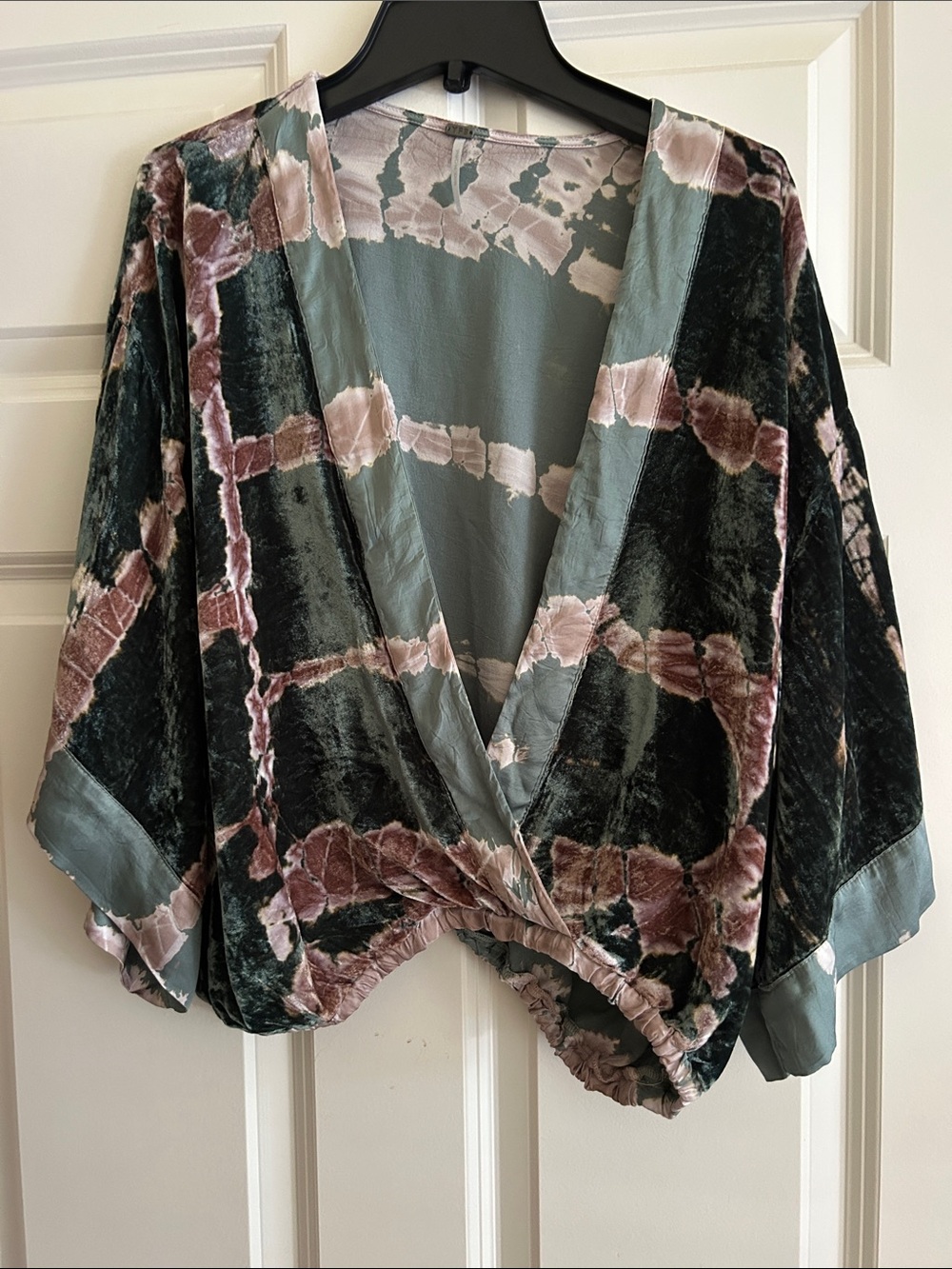 YFB Tie-Dye Velvet Kimono Jacket in Sage Green and Dusty Rose